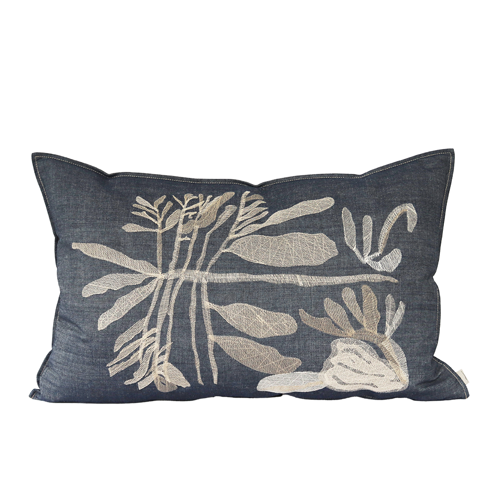 Denim Leaf Embroidered Cushion
