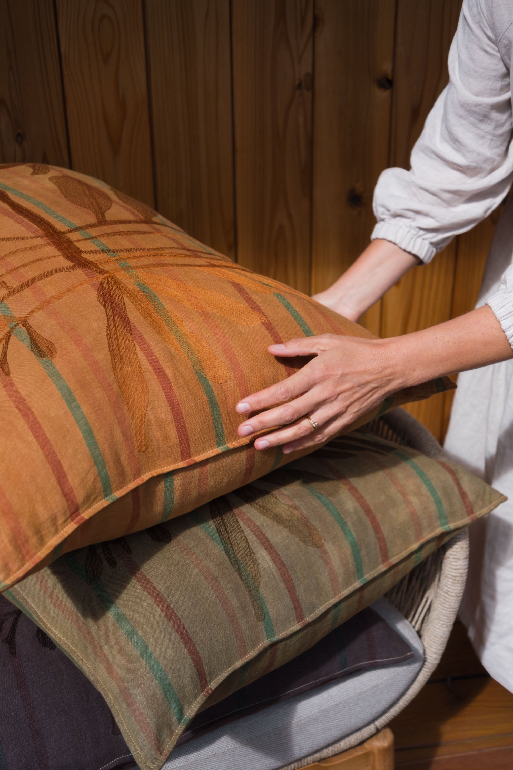 Striped Leaf Embroidered Cushion Cover