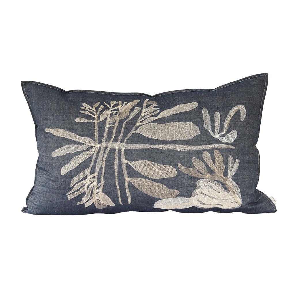 Denim Leaf Embroidered Cushion