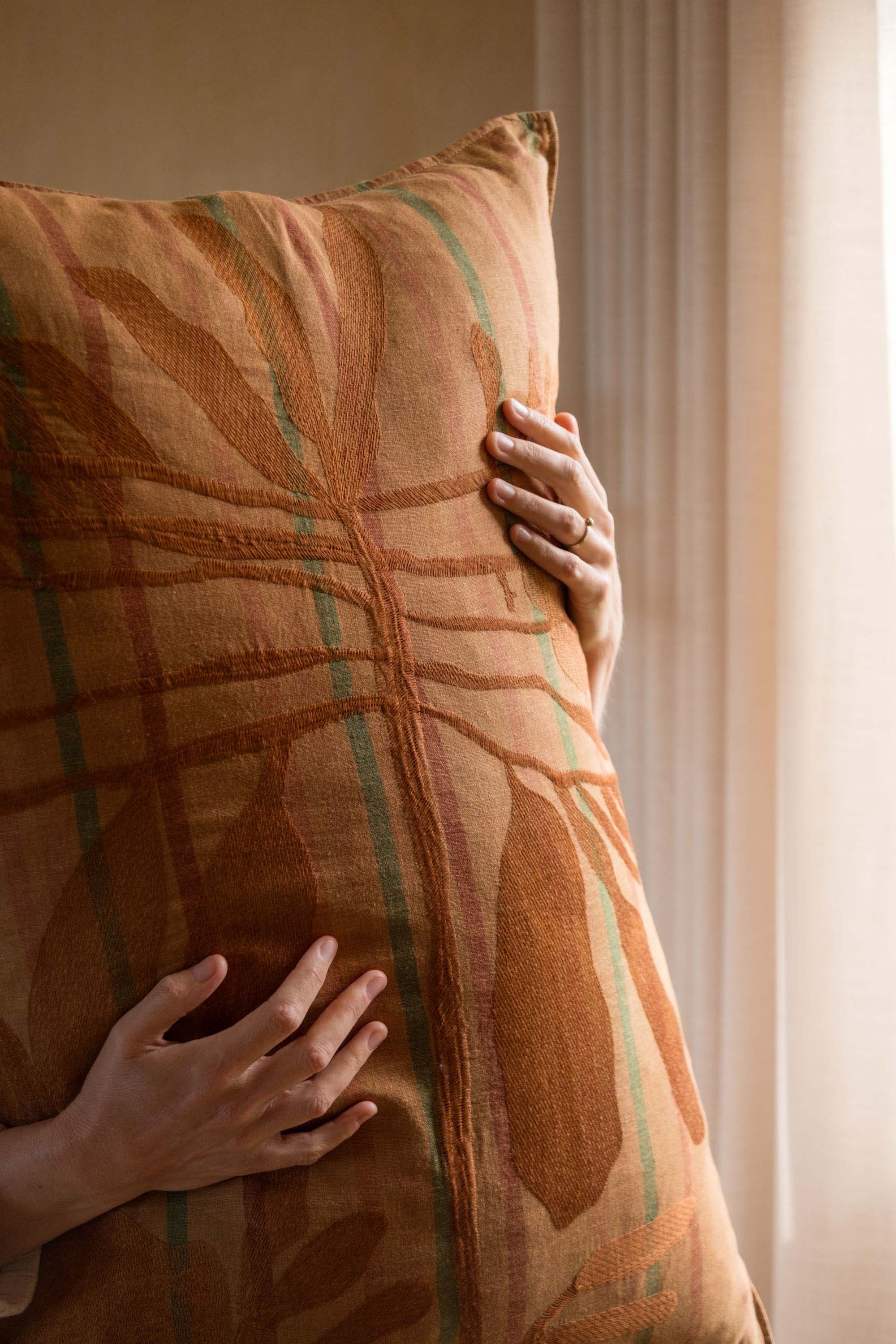 Striped Leaf Embroidered Cushion Cover