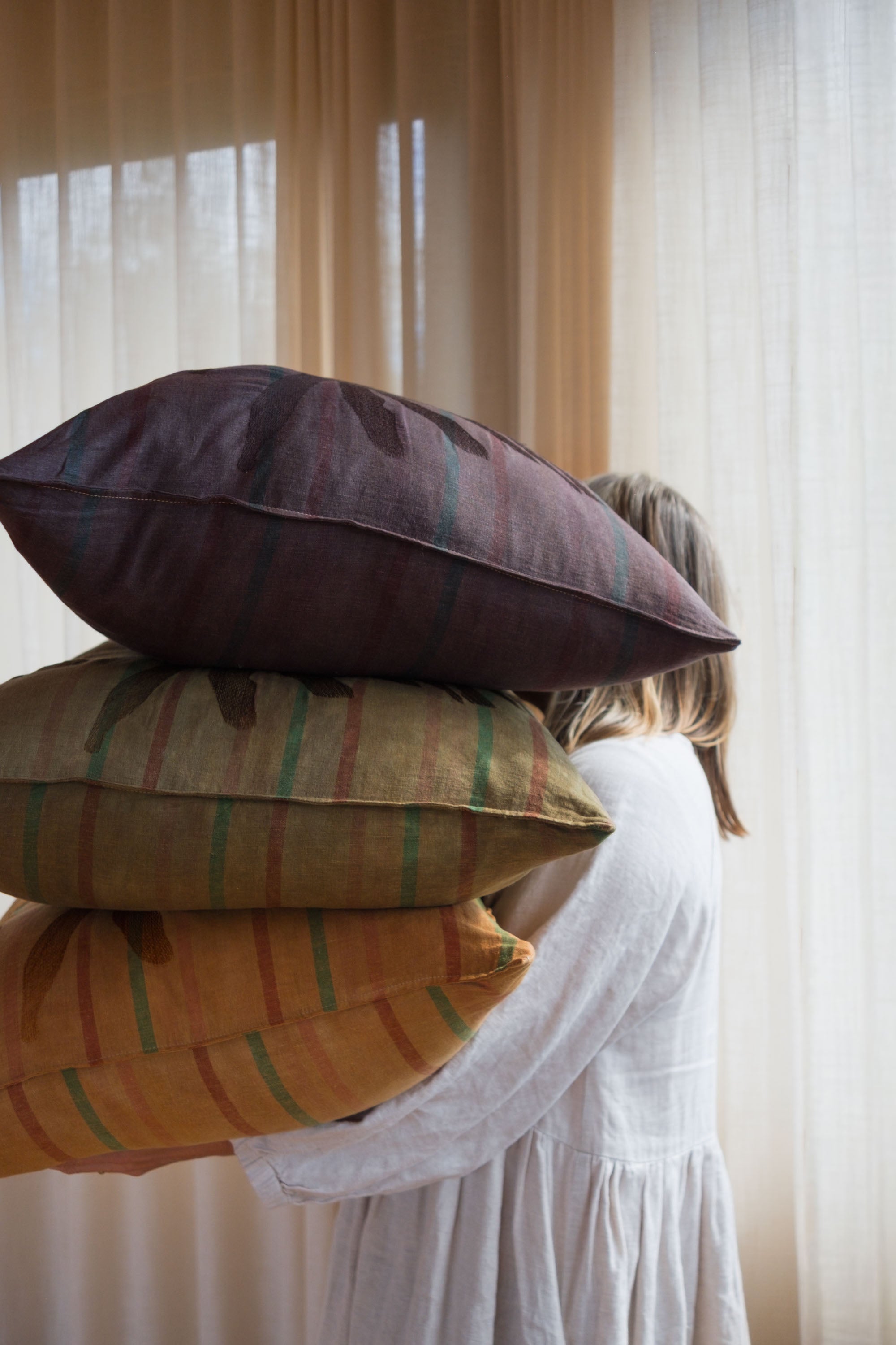 Striped Leaf Embroidered Cushion Cover