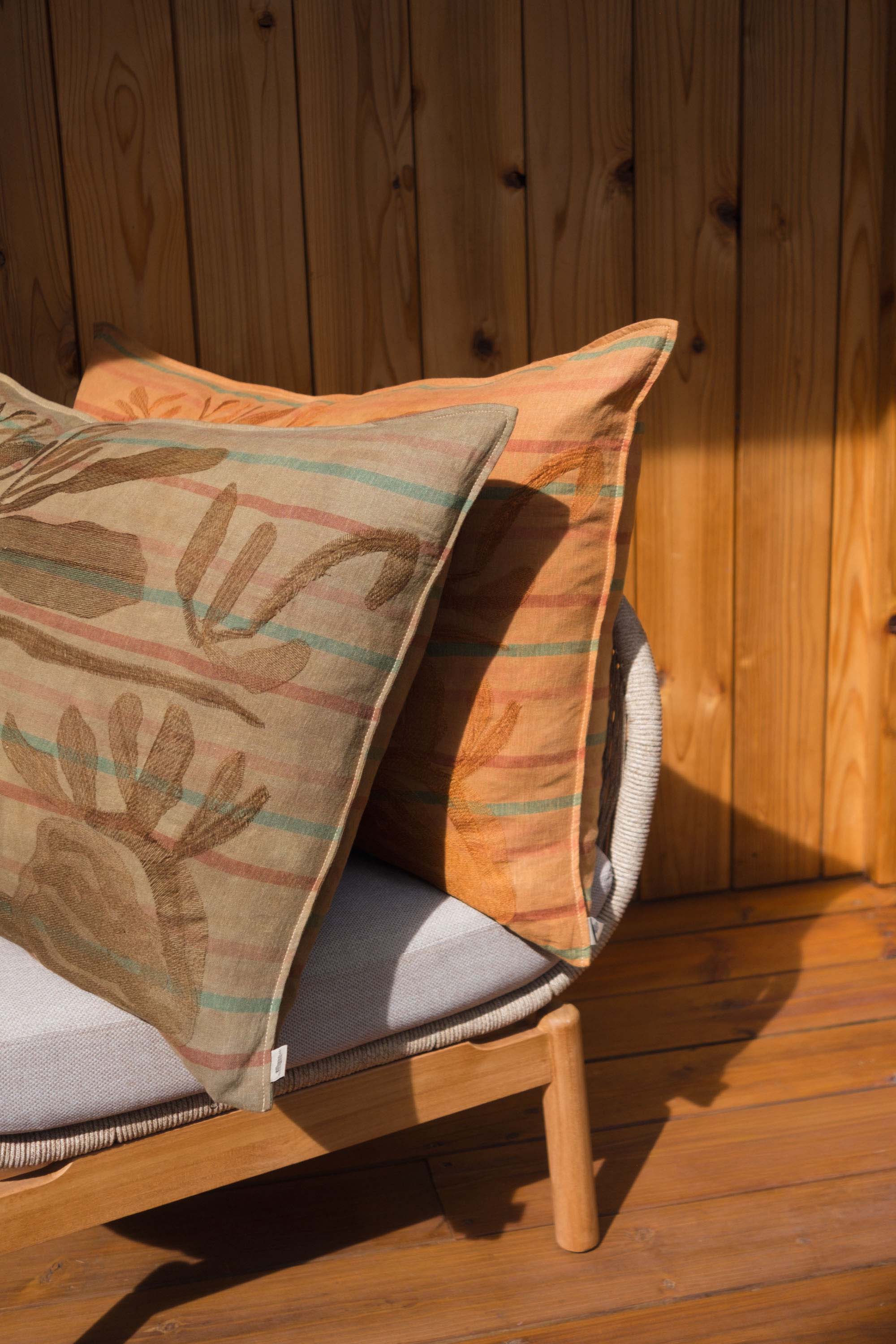 Striped Leaf Embroidered Cushion Cover