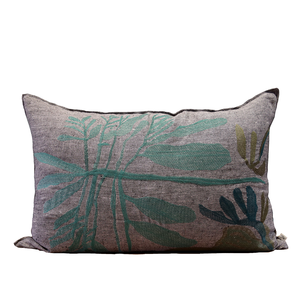 Green Leaf Embroidered Cushion on Charcoal